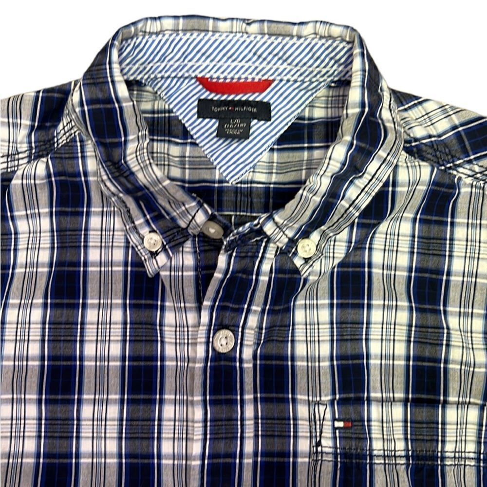 Tommy Hilfiger Boys Large 14/16 Blue Grey White Plaid Button Down Shirt